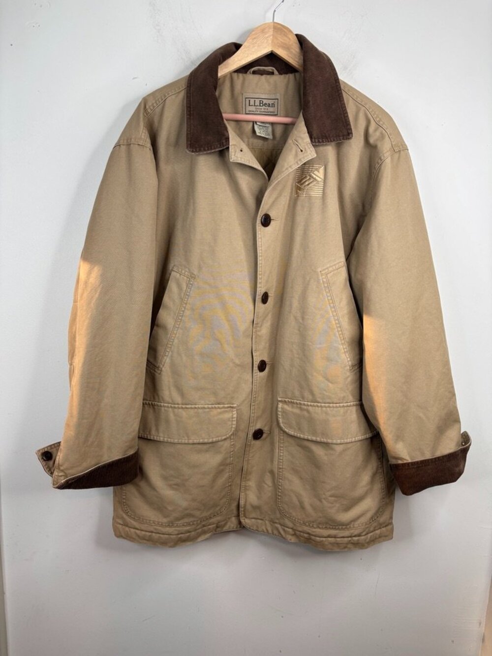 VTG LL Bean Men's L Canvas Chore Coat Barn Jacket Corduroy Tan Brown Lined LOGO